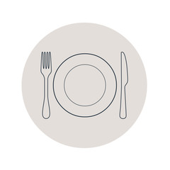 Icono plano lineal plato y cubiertos en círculo color gris © teracreonte