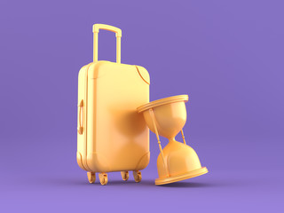 3d render, yellow travel suitcase with hourglass isolated, minimal fashion on a violet background, blank space, pastel colors