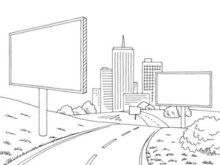 Road billboard graphic black white city landscape sketch illustration vector