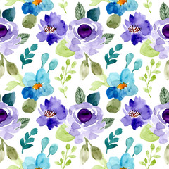 blue purple green floral watercolor seamless pattern