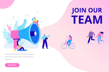 Group of people shouting on megaphone Join our team vector illustration concept. Flat style  illustration for web.
