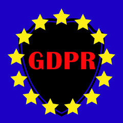 GDPR on blue background, yellow stars, shield, vector