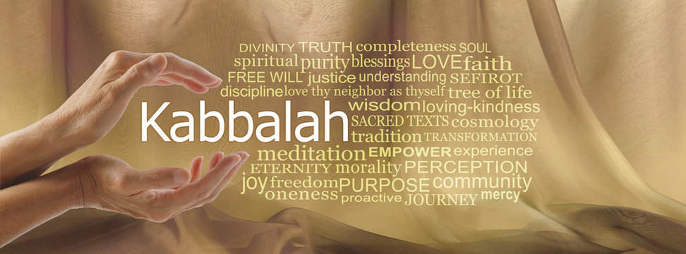 Aspects of Divine Kabbalah Word Tag Cloud - female hands cupped around the word KABBALAH surrouned by a word cloud against a gold flowing chiffon background