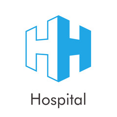 Logotipo abstracto con texto Hospital con letra H en hexágono lineal en color azul