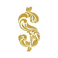 Fototapeta premium Dollar with golden glitter isolated on the white background. Decorative Font made of swirls and floral elements.