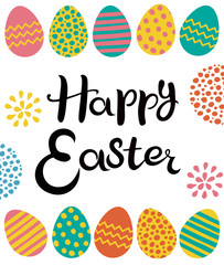 Lettering Happy Easter. Hand drawn. Easter eggs with different hand drawn ornaments. Inscription and eggs isolated on the white background.