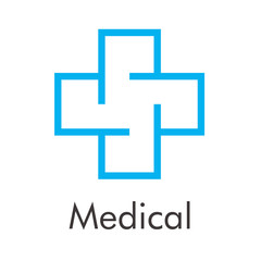 Logotipo abstracto con texto Medical con cruz lineal color azul