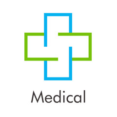 Logotipo abstracto con texto Medical con cruz lineal en verde y azul