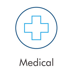 Logotipo abstracto con texto Medical con cruz en círculo lineal en color azul