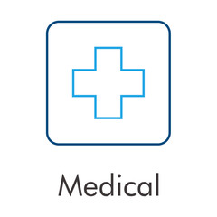 Logotipo abstracto con texto Medical con cruz en cuadrado lineal en color azul
