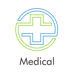 Obraz premium Logotipo abstracto con texto Medical con cruz lineal en circulo en verde y azul