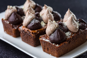 Triple Chocolate Torte on a white dish with dark background