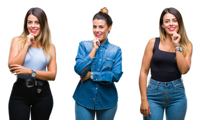 Obraz premium Collage of young beautiful woman over isolated background looking confident at the camera with smile with crossed arms and hand raised on chin. Thinking positive.