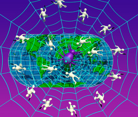 Spider web 3D illustration. Wi Fi spider catching technology victims, world map and gradient background. Collection.