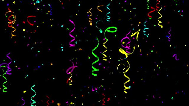 Holiday, carnival, festive, design element for celebration. Falling decoration, colorful curly ribbons, bright serpentines and streamers with Alpha channel. Looped 4K motion graphic.