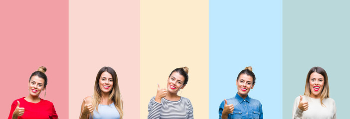 Collage of young beautiful woman over colorful vintage stripes isolated background doing happy thumbs up gesture with hand. Approving expression looking at the camera with showing success.