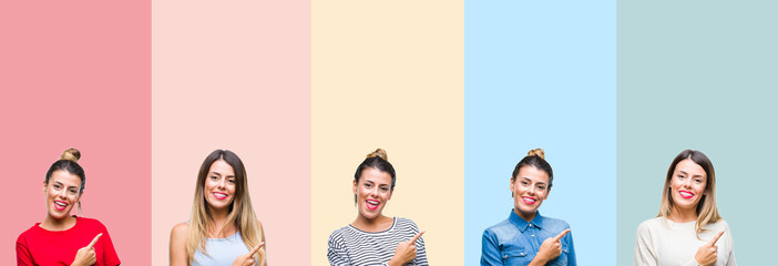 Collage of young beautiful woman over colorful vintage stripes isolated background cheerful with a smile of face pointing with hand and finger up to the side with happy and natural expression on face