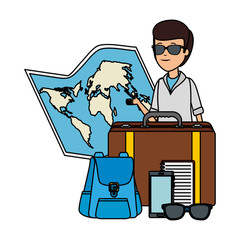 tourist man with paper map and travel icons