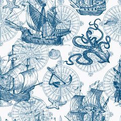 Old caravel, vintage sailboat, sea monster. Vector seamless pattern