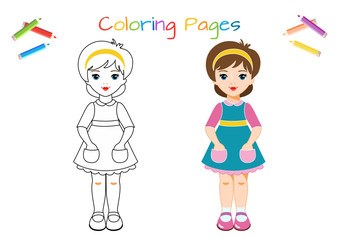 Funny little paper doll, girl. Coloring book. Educational game for children. Cartoon vector illustration