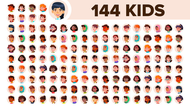 Kids Avatar Set Vector. Girl, Guy. Multi Racial. Face Emotions. Multinational User People Portrait. Male, Female. Ethnic. Icon. Asian, African, European, Arab. Flat Illustration