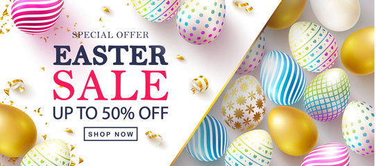 Happy Easter Sale banner.Beautiful Background with colorful eggs and golden serpentine. Vector illustration for website , posters,ads, coupons, promotional material