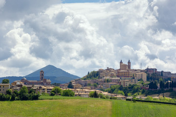 Fototapeta na wymiar Camerino in Italy Marche over colourful fields