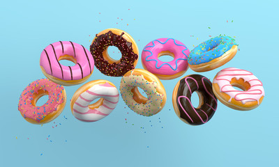 Various decorated donuts in motion falling on blue background. Sweet and colourful doughnuts falling or flying in motion. 3d-illustration.