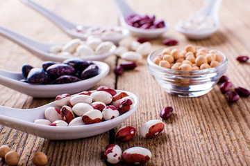 various kinds of legumes - beans, lentils, chickpeas, mung beans