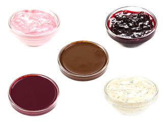 Collage of sauce in a transparent pial on a white background
