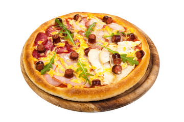 Classic fresh Italian Pizza with meat (Cheese, mozzarella,parmesan, salmon, bacon, pork, meat, sausage, salami and chicken)on wooden board isolated on white background
