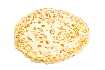 Tasty Thin Pancake Isolated on White Background Top View. Fresh Homemade Crepes