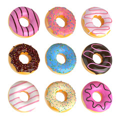 Set of cartoon colorful donuts isolated on white background. Doughnuts collection into glaze for menu design, cafe decoration, delivery box. 3d-illustration.