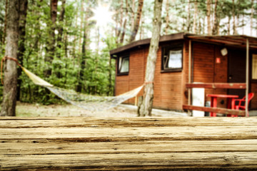 Desk of free space and spring landscape of camping 