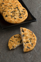 Dish with traditional Japanese rice crackers and seaweed