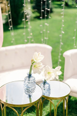 Table setting at a luxury wedding reception. Outdoor wedding