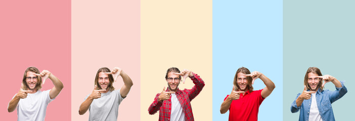 Collage of young handsome man over colorful stripes isolated background smiling making frame with hands and fingers with happy face. Creativity and photography concept.
