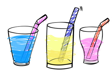simple hand draw sketch, three fresh drink at transparent glass with straw