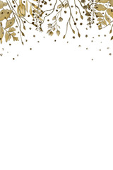 Gold floristic watercolor frame with line foliage, flowers and leaves on the white isolated background. Beautiful and elegant design.