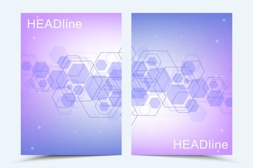 Modern vector templates for brochure, cover, banner, flyer, annual report, leaflet. Hexagonal molecular structures. Futuristic technology background in science style. Graphic hex background