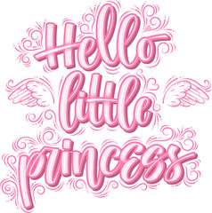 Handwritten calligraphy phrase  little princess with angelic wings and crown decorations pink cute background vector illustration