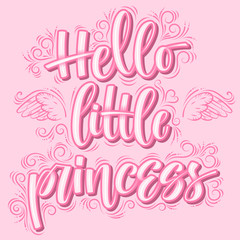 Handwritten calligraphy phrase  little princess with angelic wings and crown decorations pink cute background vector illustration