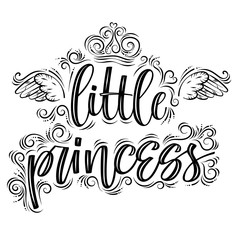 Handwritten calligraphy phrase  little princess with angelic wings and crown decorations pink cute background vector illustration