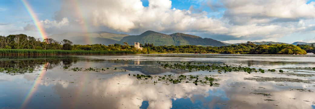 Killarney Lakes And Ross Castle Scenic  Rainbow Panorama Landscape