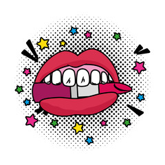 female mouth biting lipstick