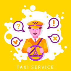 Taxi service concept with smiling male character driving car in cap and uniform. Public auto transport. City cab service with happy taxi driver man in cabin. Vector illustration