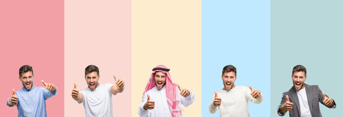 Collage of handsome young man over colorful stripes isolated background approving doing positive gesture with hand, thumbs up smiling and happy for success. Looking at the camera, winner gesture.