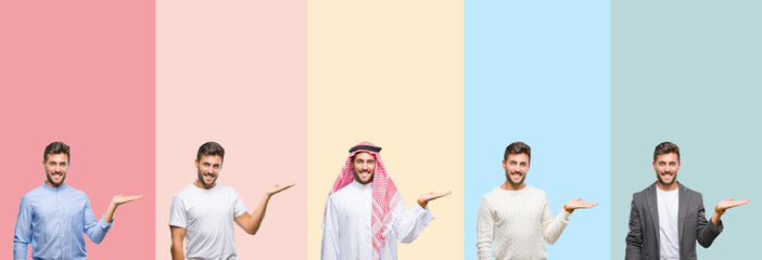 Collage of handsome young man over colorful stripes isolated background smiling cheerful presenting and pointing with palm of hand looking at the camera.