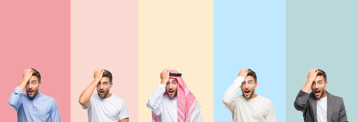 Obraz premium Collage of handsome young man over colorful stripes isolated background surprised with hand on head for mistake, remember error. Forgot, bad memory concept.