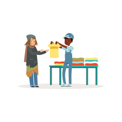 Young volunteer provide clothing to homeless woman. Afro-american kid in blue working overall, t-shirt and cap. Helping to needy. Cartoon people. Flat vector design